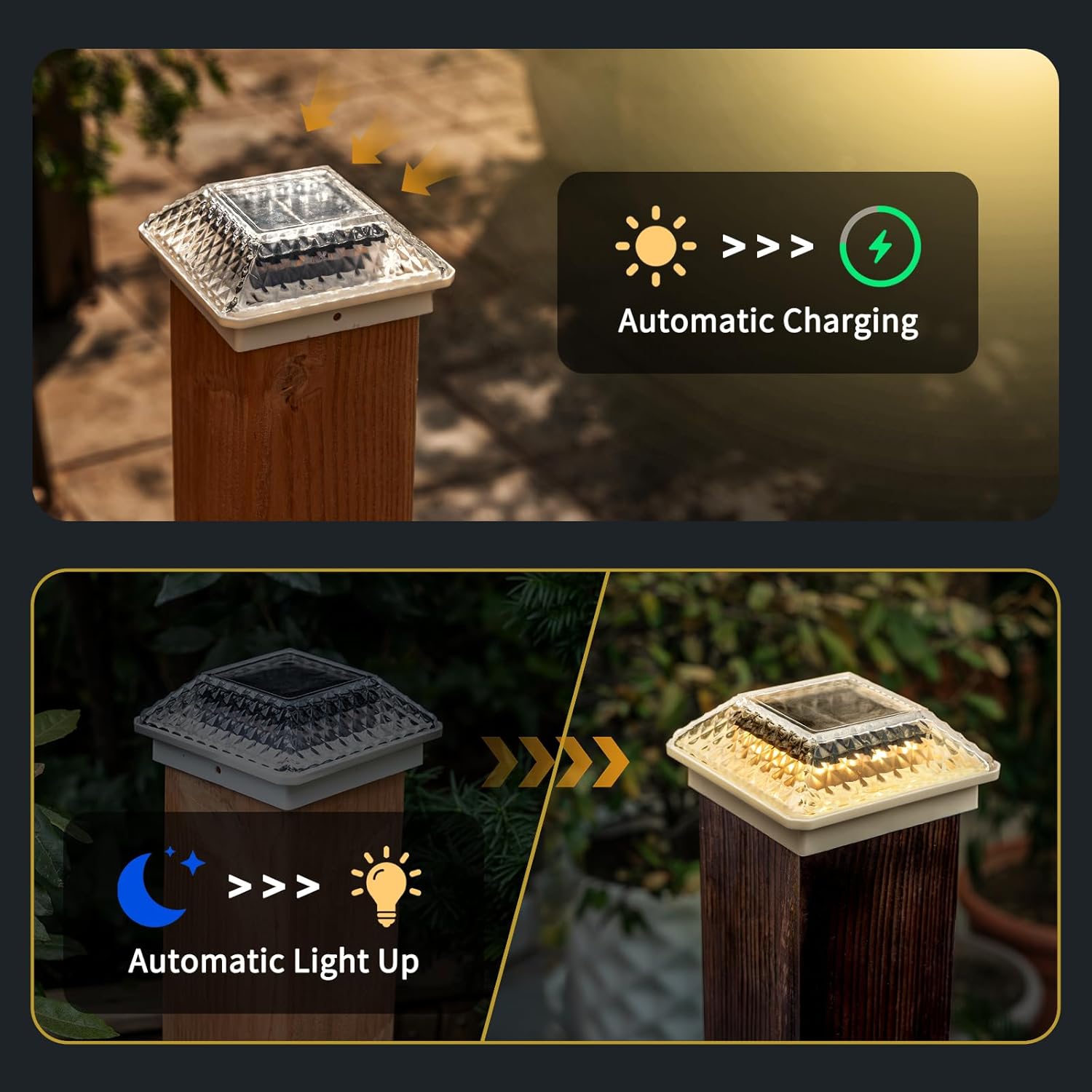 Glass Solar Post Cap Lights with Crystal Style - Decorative Deck Fence Lights for 4x4 5x5 Posts Hidden Solar Panel, Modular Design, 10Hr Runtime, IP65, Warm White, White, 4 Pack