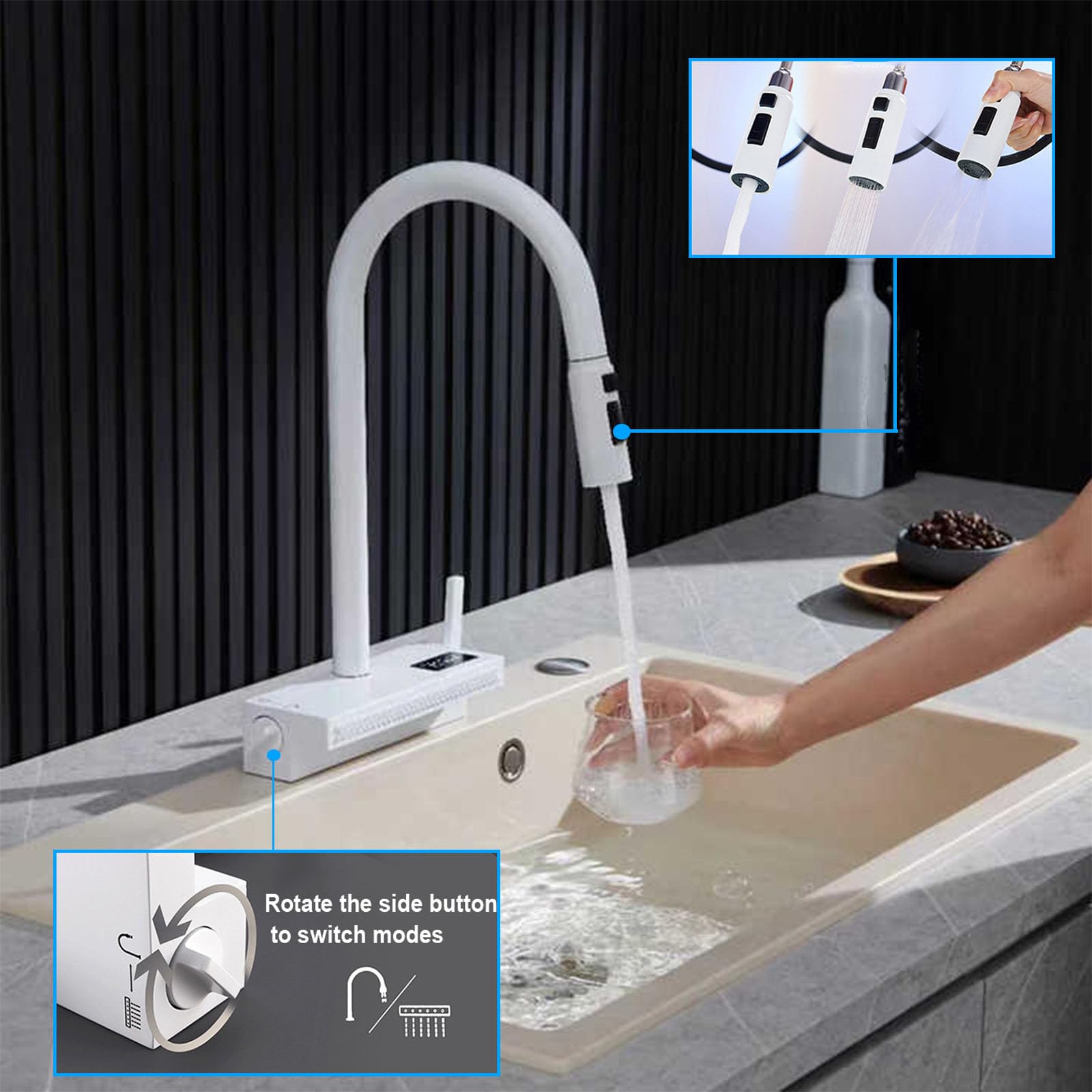 Nowoczesna, obracana o 360° armatura kuchenna z wodospadem z cyfrowym wyświetlaczem temperatury i 4 trybami ogrzewania/zimnej wody – elegancki, mleczno-biały design