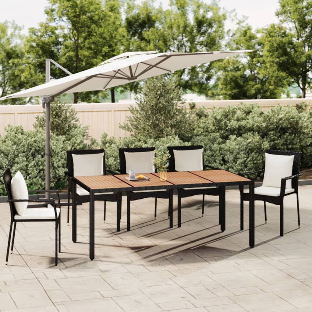Mesa de jardín con tablero de madera negra de ratán sintético y madera de acacia, resistente a la intemperie, marco de acero estable, ideal para terraza, jardín y exterior, material duradero