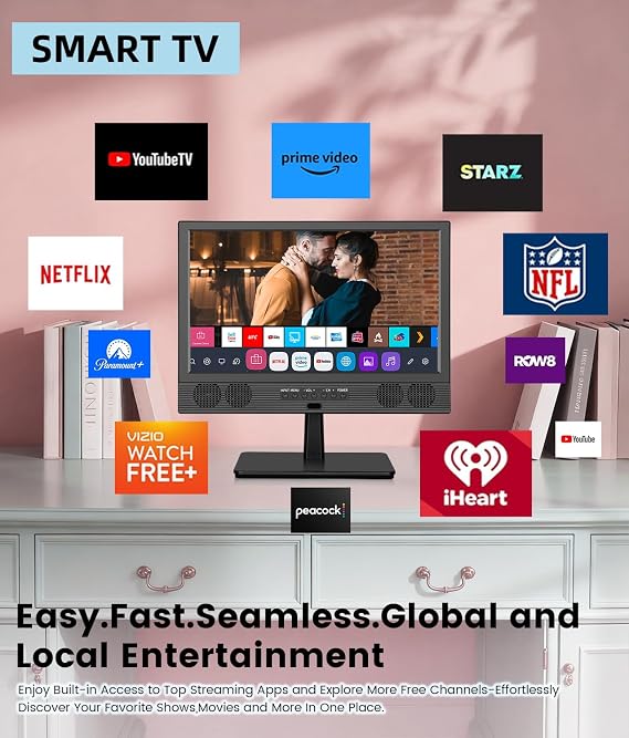 Feihe 14 Inch Small Smart TV, HD LED Flat Screen Smart TV with ATSC Tuner/HDMI/USB/AV for Kitchen, RV, Camper, Bedroom or Travel Use