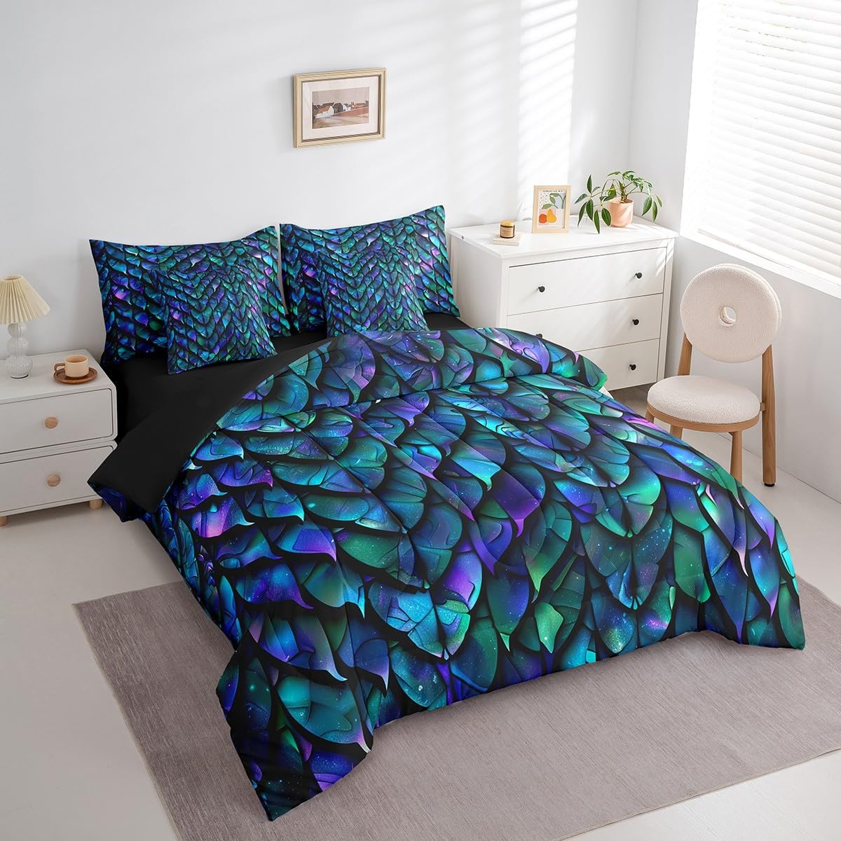 Erosebridal Dragon Scale Queen Comforter Set 7 Pieces Reversible Comforters Bed Set Bed in a Bag with Comforter,Wild Animal Skin Sheets,Pillowcases & Shams,Psychedelic Animal Hide Bedding Sets - Image 2