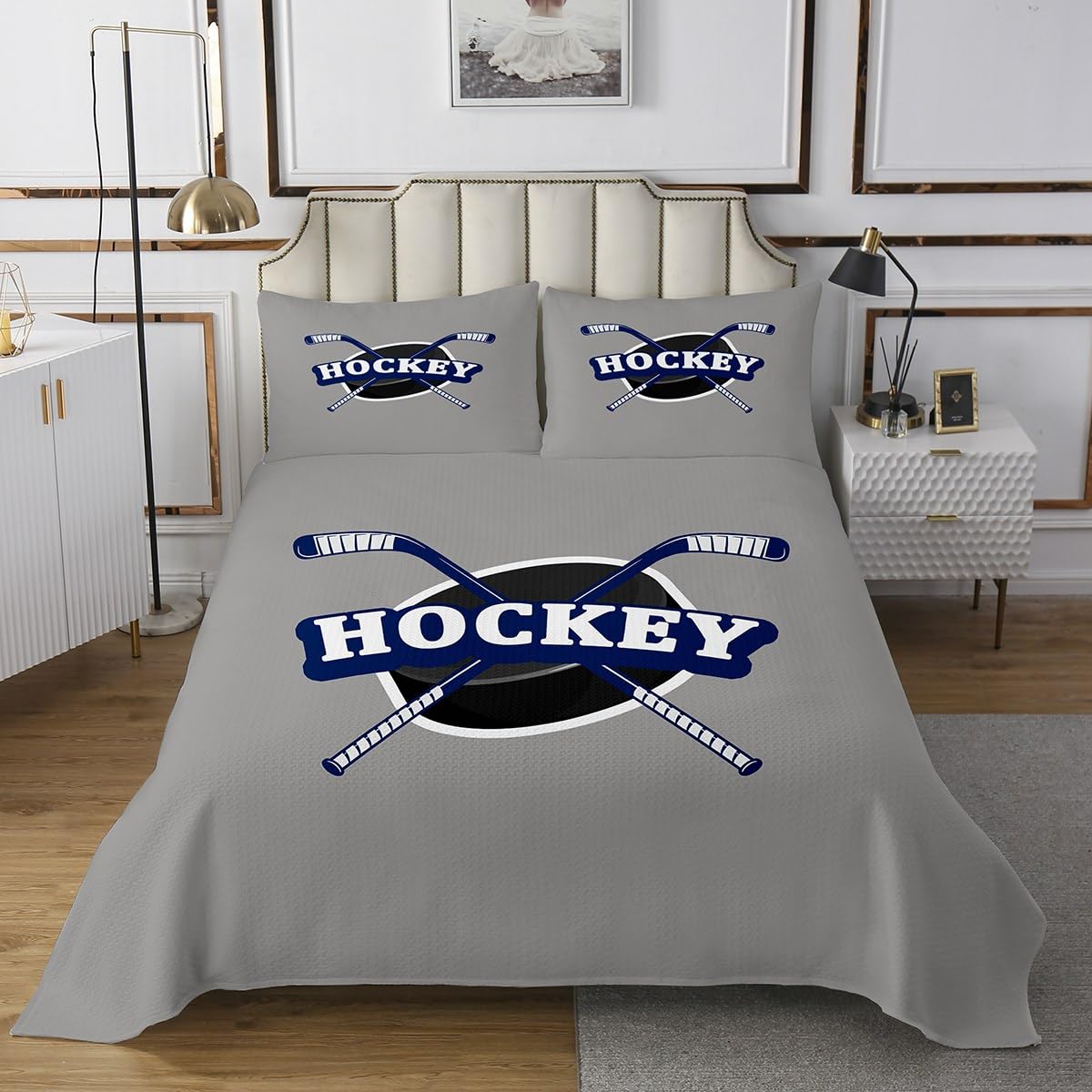 jejeloiu Ice Hockey Quilted Coverlet Ice Sports Games Bedspread for Kids Boys Girls Teens Room Decor Hockey Grey Coverlet Set Twin Size Winter Sports 2Pcs Breathable Soft Lightweight Microfiber