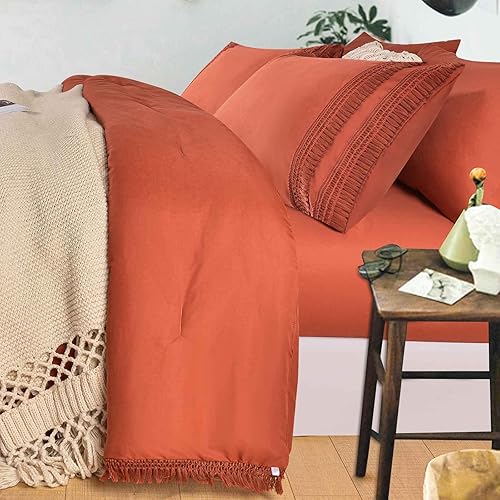 Miniatura 2 de Juego de edredón tamaño Queen con sábana de 7 piezas, borla de flecos naranja quemado, juegos de cama bohemio suave y elegante en una bolsa, edredón