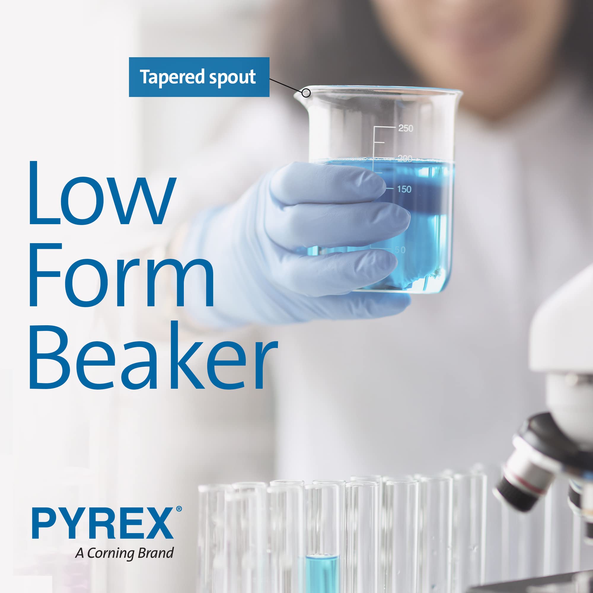 PYREX Griffin Borosilicate Glass Beaker- Low Form Graduated Measuring Beaker with Spout– Premium Scientific Glassware for Laboratories, Classrooms or Home Use - PYREX Chemistry Glassware, 250mL, 12/Pk