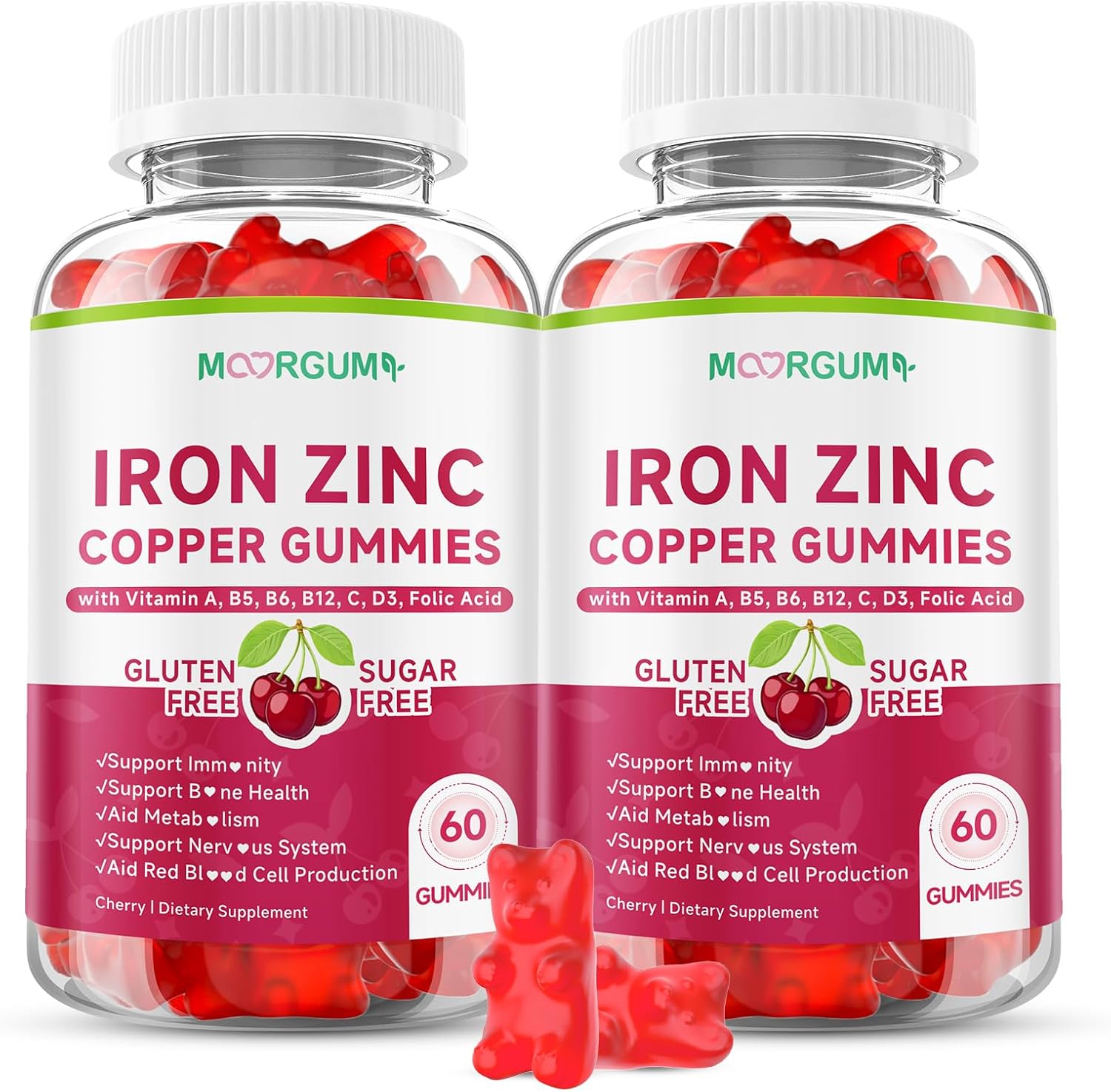Iron, Zinc, Copper Supplements for Women & Men, Mineral Gummies with Vitamin A, B5, B6, C, D3, B12 for Adults & Kids, Boost Energy, Support Immunity & Bone Health, Sugar Free, Cherry Flavor, 120 Count