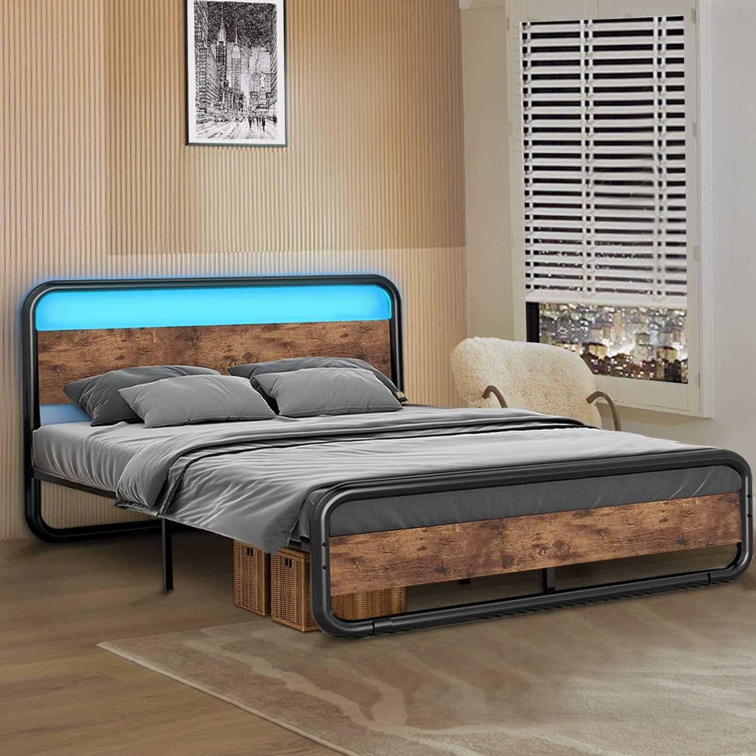 4 EVER WINNER Full Size Metal LED Bed Frame with Wooden Headboard and Footboard