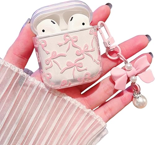 MINSCOSE Funda transparente compatible con AirPods 1 y 2, bonito diseño estético de lazo con lazo de perla, funda protectora de TPU suave a prueba