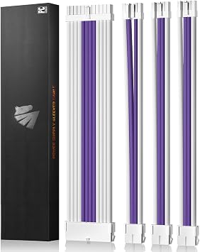AsiaHorse 16AWG PSU Cable Extension Sleeved Cable Kit for GPU/CPU Power Supply Cable Extensions with Cable Combs 24PIN/(6+2) PIN/(4+4) PIN Cable Management 30 cm Snow White + Purple