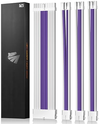 AsiaHorse 16AWG PSU Extension Cable Kit Purple and White, 30CM Sleeved Custom PC Power Supply Cables, Soft Braided ATX 24Pin, EPS 4+4 Pin, 2x PCI-E 6+2 Pin, with Cable Combs for Cable Management