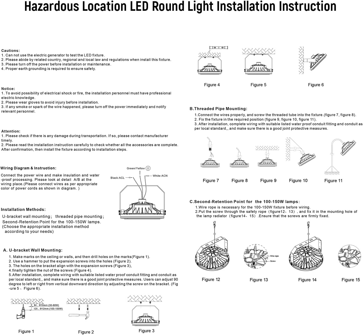 60W LED Explosion Proof Light, UL 844 Certified Class I Division II High Bay Industrial Lighting, 7200 Lm 5700K Daylight, IP66 Waterproof, 3/4" NPT/Bracket for Oilfield Gas Station