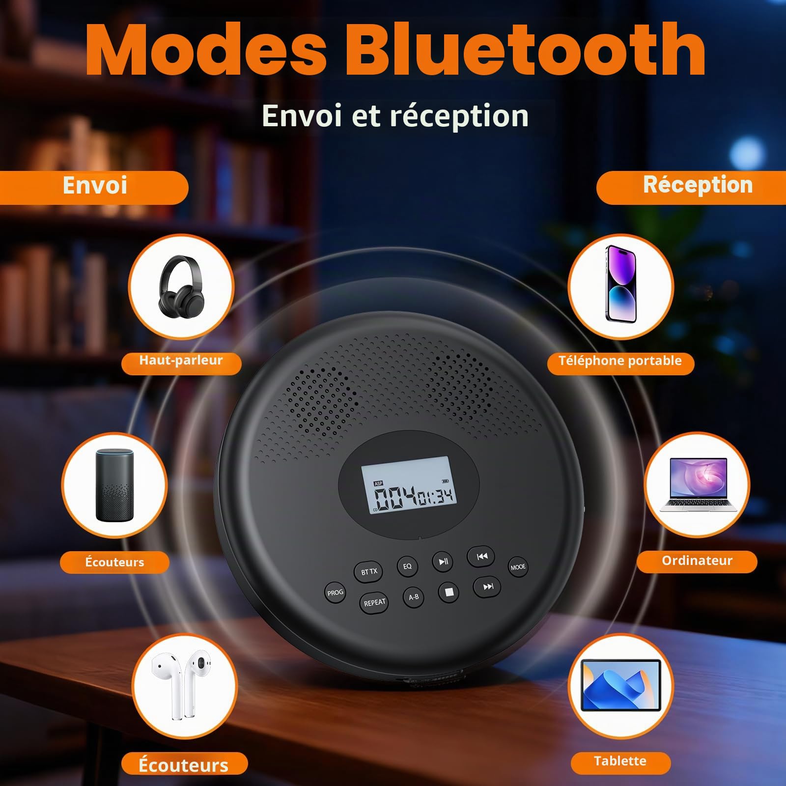Lecteur CD Portable Arafuna Bluetooth Rechargeable, Haut-parleurs, Antichoc, écran LCD. 7 Modes de Lecture, 5 égaliseurs, Compatible TF/AUX. Compact, idéal Maison, Voiture et Voyages.