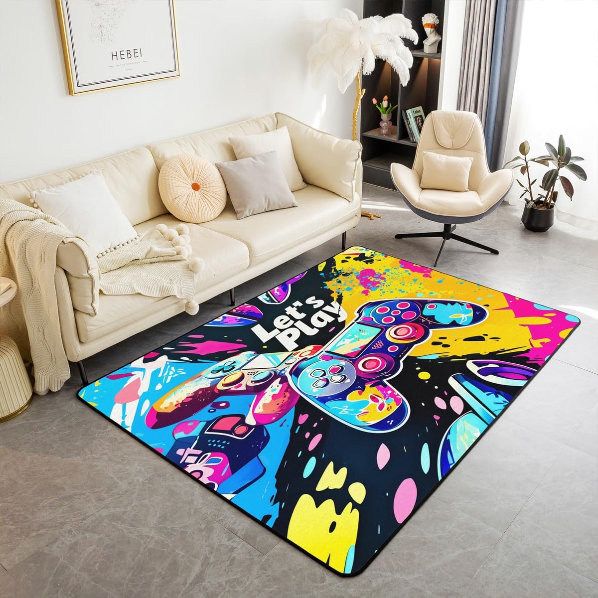 Loussiesd Dywan do salonu dla graczy, 100 x 150 cm, gamingowy dywan akcentujący dla chłopców, dziewcząt, nastolatków, nowoczesny kontroler konsoli do gier, mata podłogowa, joystick, czarno-żółta,