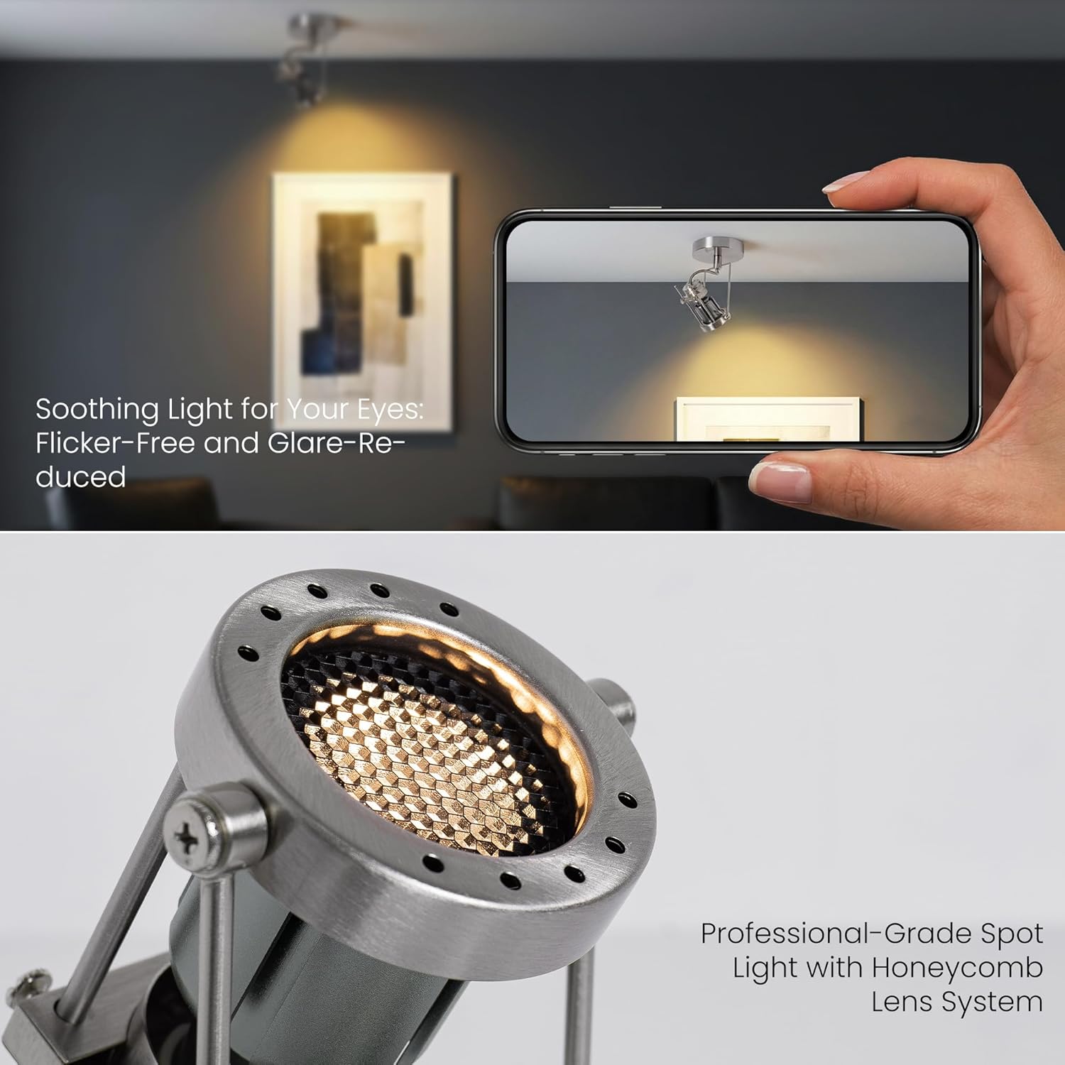 Adjustable & Dimmable Ceiling Spotlight Indoor - Brushed Nickel Surface Light for Accentuating Wall Art, Creating Ambiance in Living Room & Bedroom, 9W GU10 3000K Warm White