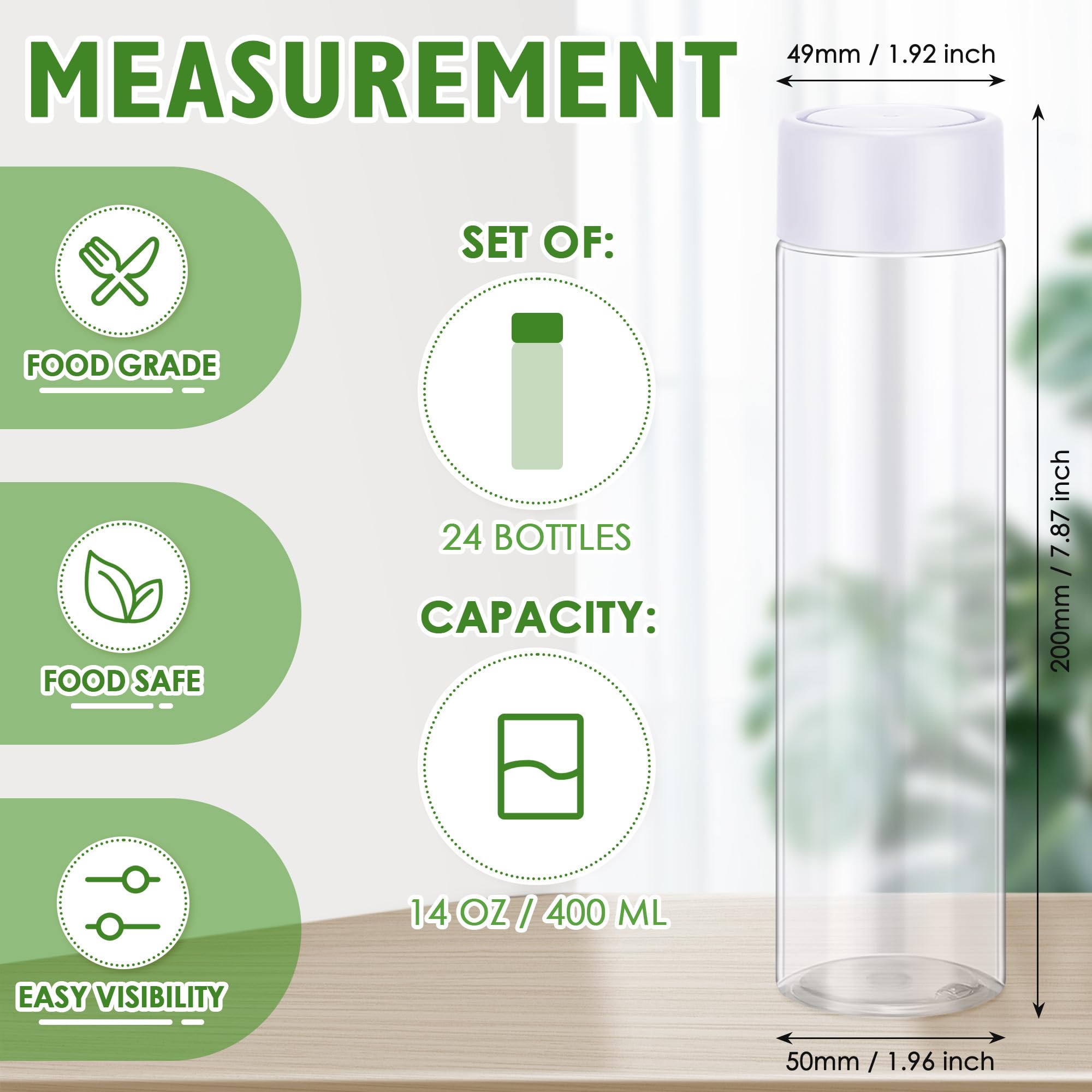 Zhehao 24 botellas de jugo de plástico de 13.5 onzas con tapas, botellas sensoriales reutilizables con tapas blancas, botellas de agua a granel, recipientes vacíos transparentes para almacenar