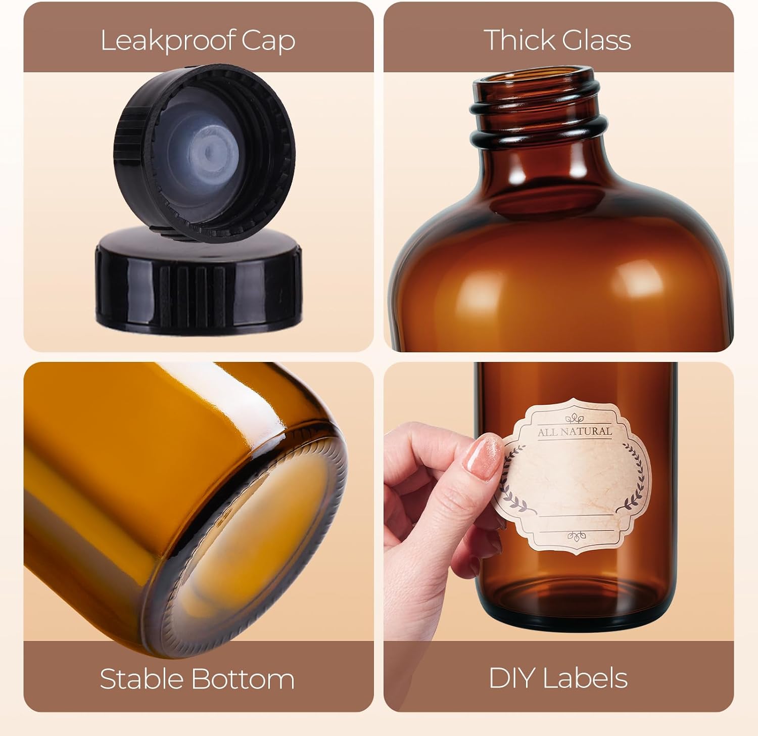 20 Pack,16 OZ Glass Bottles Boston Round Sample Refillable Bottles with Black Caps, Perfect Glass Containers for kombucha, Secondary Fermentation,Storing condiment,Homemade Essential Oils (20P Brown)