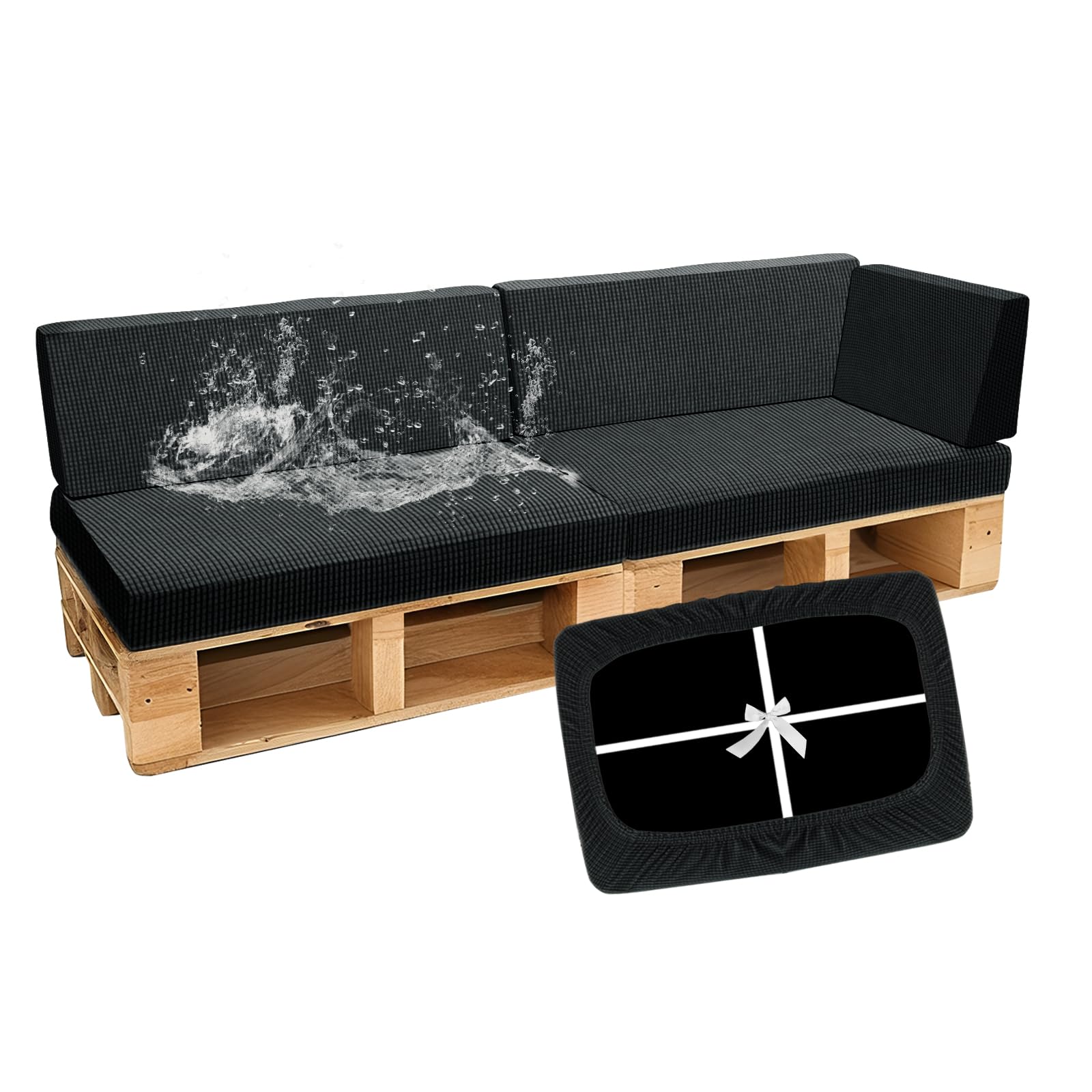 SYLC Waterproof Pallet Cushions Covers, Stretch Cover for Pallet Furniture Cushions with 4 Ties, Outdoor Corner Sofa Covers for Rattan Patio Garden Caravan (Darkgrey,5 PCS(2 Seats+3 Backs))