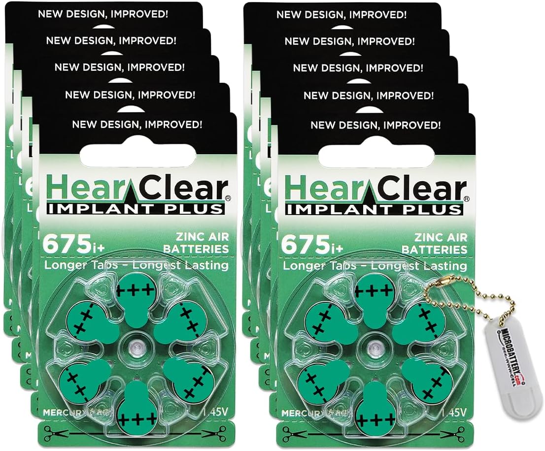 Size 675P Cochlear Implant Hearing Aid Batteries (60 Pack) + Battery Holder Keychain