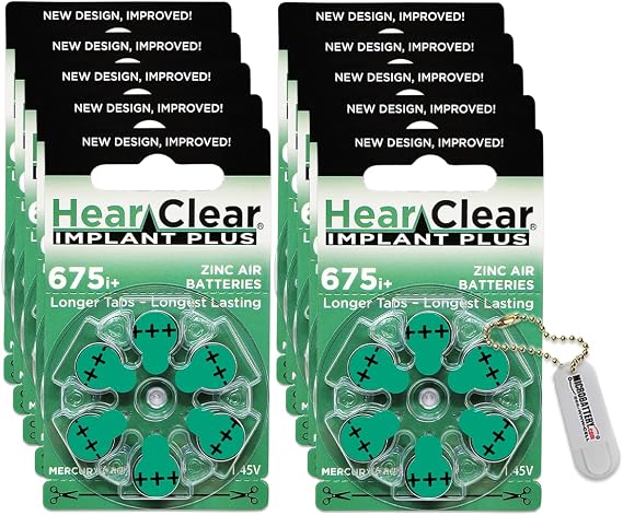 Size 675P Cochlear Implant Hearing Aid Batteries (60 Pack) + Battery Holder Keychain