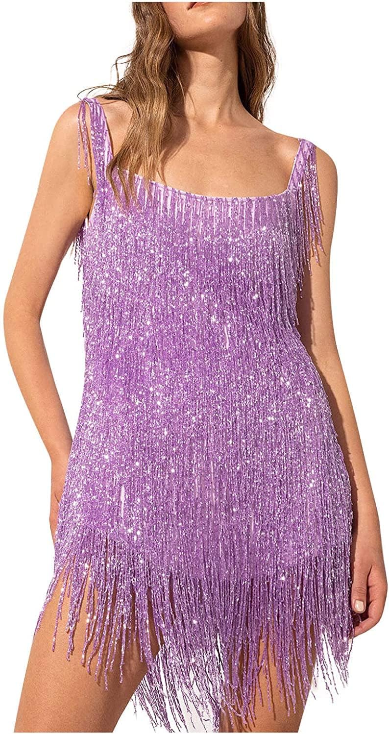 New Years Eve Dress Women Sexy Female Sequin Fringe Dress O-Neck Sleeveless  See Through Mesh Bodycon Tired Tassel Dress Glitter Party Club Dress  Adjustable Spaghetti Strap Sequin Dress