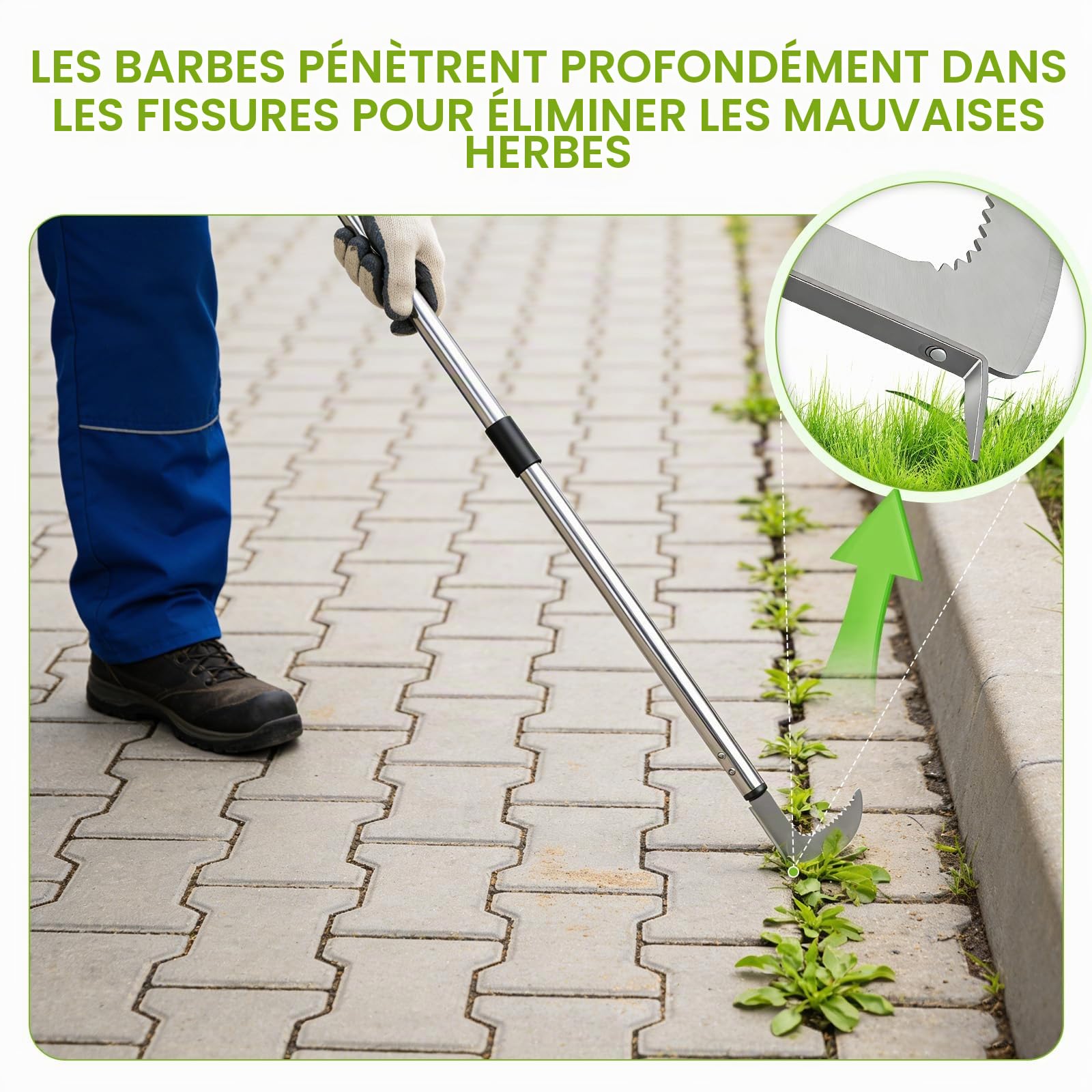 Couteau désherbeur Manuel – Désherbeur pour Pavés et Terrasses, Manche Réglable 145cm avec Lame Dentelée en L et Brosse, Pour cour, pelouse, terrasse, jardin, désherbeur Ergonomique