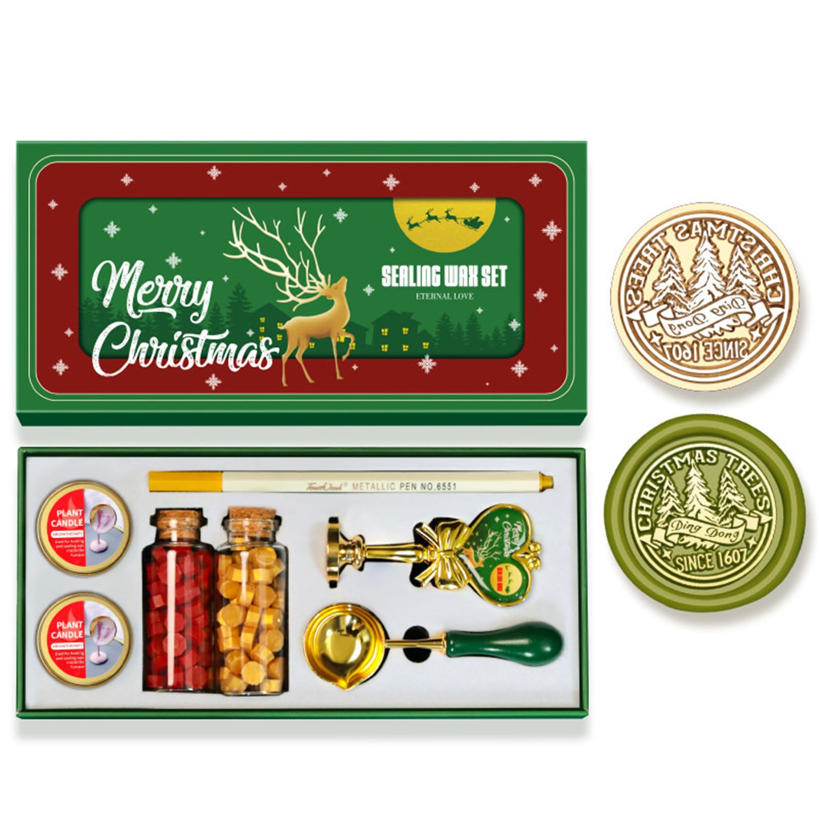 Elnwnnkc Christmas Themed Seal Stamp Set with Melting Spoon, Seal Stamp Beads, Metallic Pen for Envelope, Invitation Embellishment