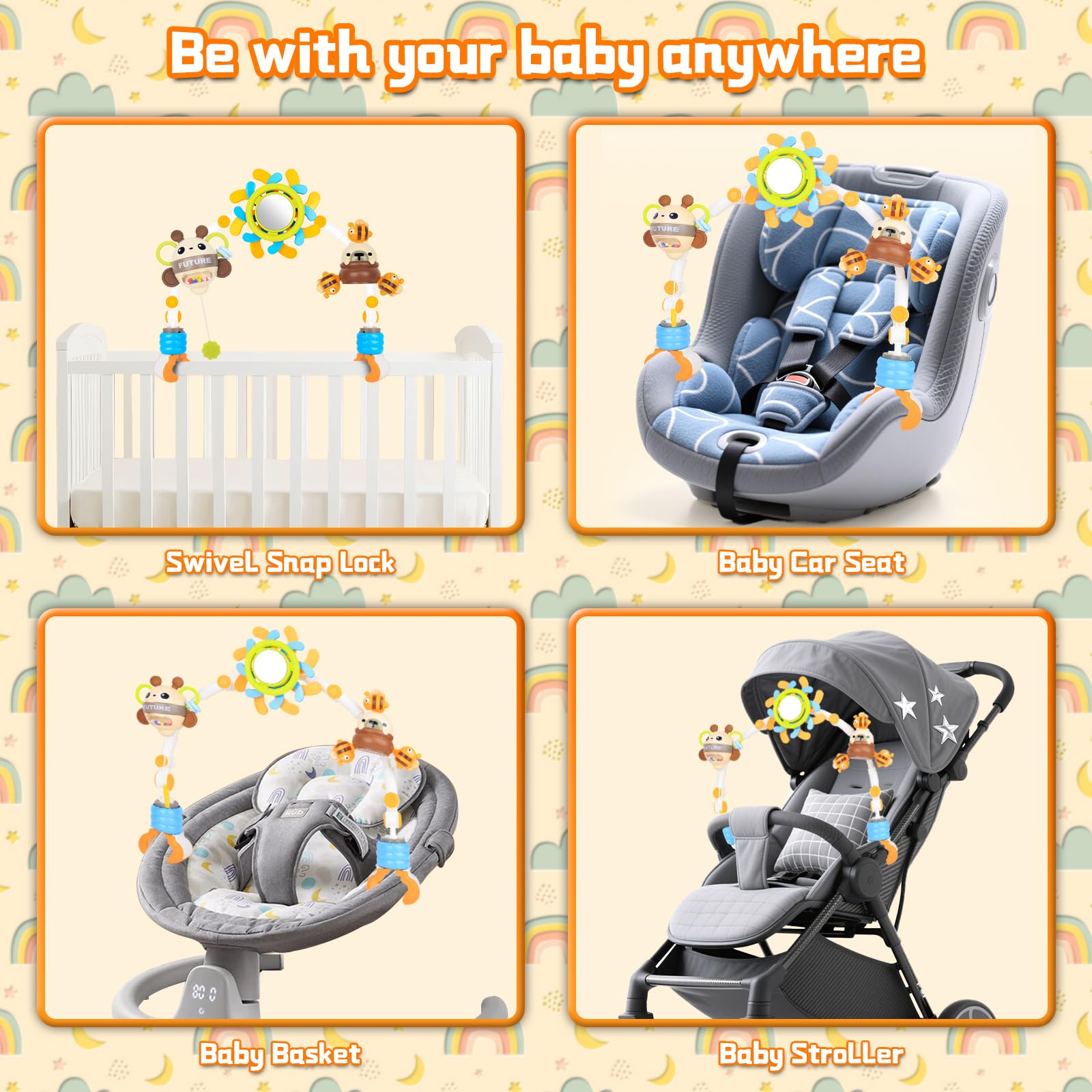 Giocattoli per seggiolino auto per bambini da 0 a 6 mesi, accessori per passeggino da appendere per culla, giocattolo ad arco regolabile con clip mobile sul passeggino, regalo per neonati e ragazze