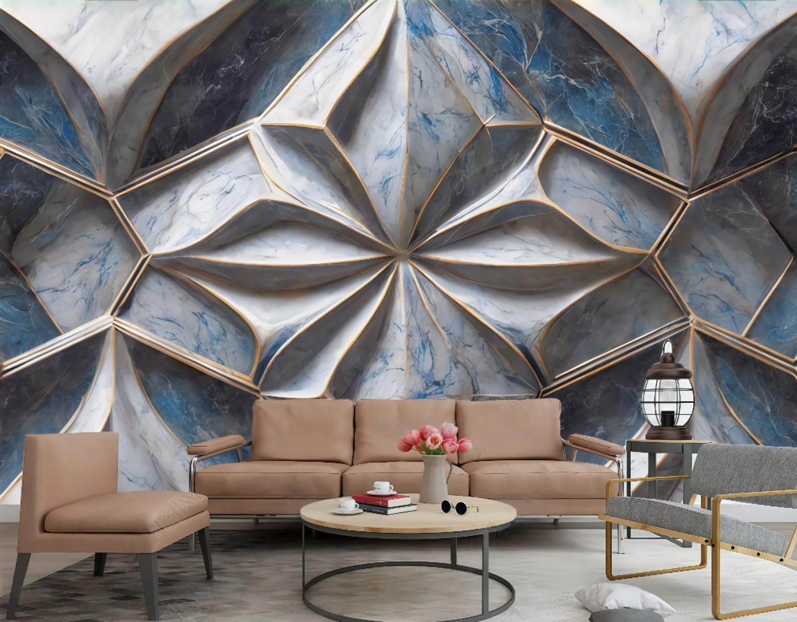 Nowoczesna minimalistyczna tapeta abstrakcyjna złota linia mgiełka niebieski tłoczony marmurowy wzór TV sofa tło tapeta ścienna salon restauracja kawiarnia ścienna, 3D, 300 x 210 cm