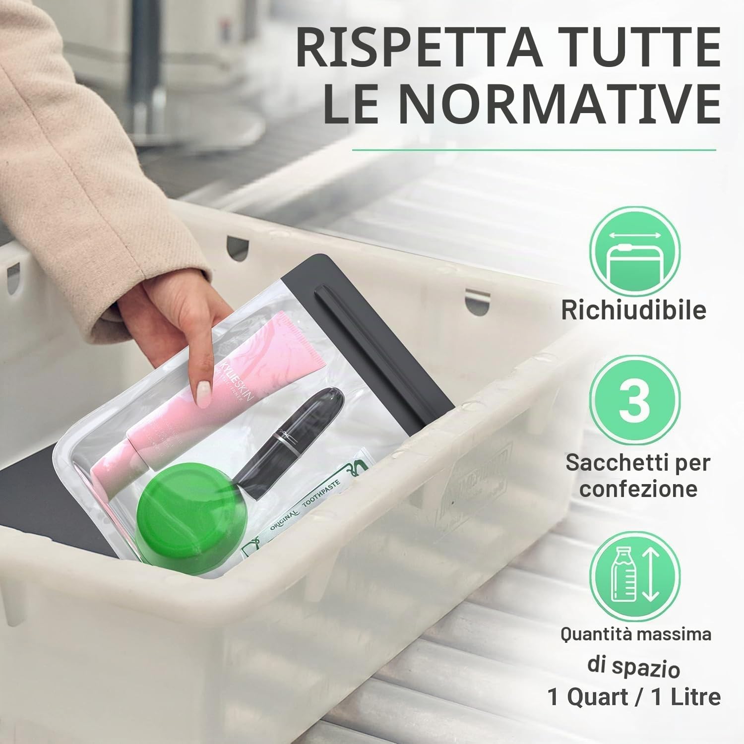 Ogato 3 Buste per per Liquidi e Cosmetici Aereo – Trasparenti, Approvate TSA - da 1 L da Viaggio - Conforme alla Regola 3-1-1