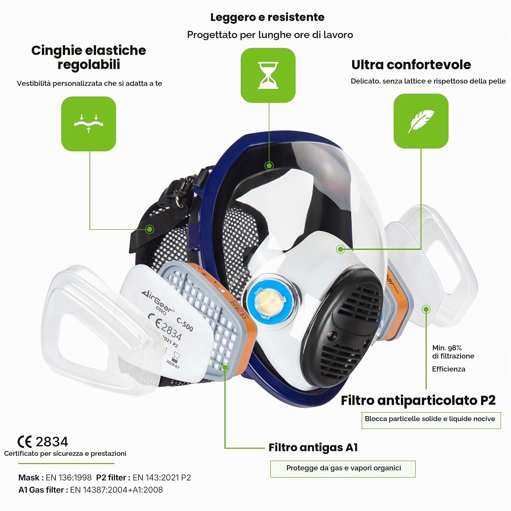 AirGearPro G-750 Maschera Antigas Completa con Filtri A1P2 Antipolvere | Respiratore a maschera completa per Pittura, Legno, Costruzione, Carteggiatura, Spruzzatura, Chimici, Fai da te