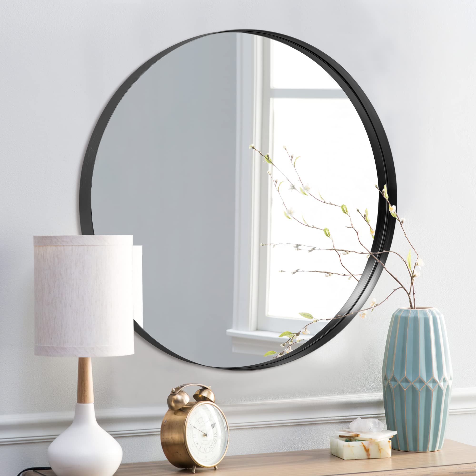 GlasFlength 28 inch Round Mirror Circle Mirrors for Wall, Black Bathroom Mirror for Wall Round Mirrors for Bathroom Vanity