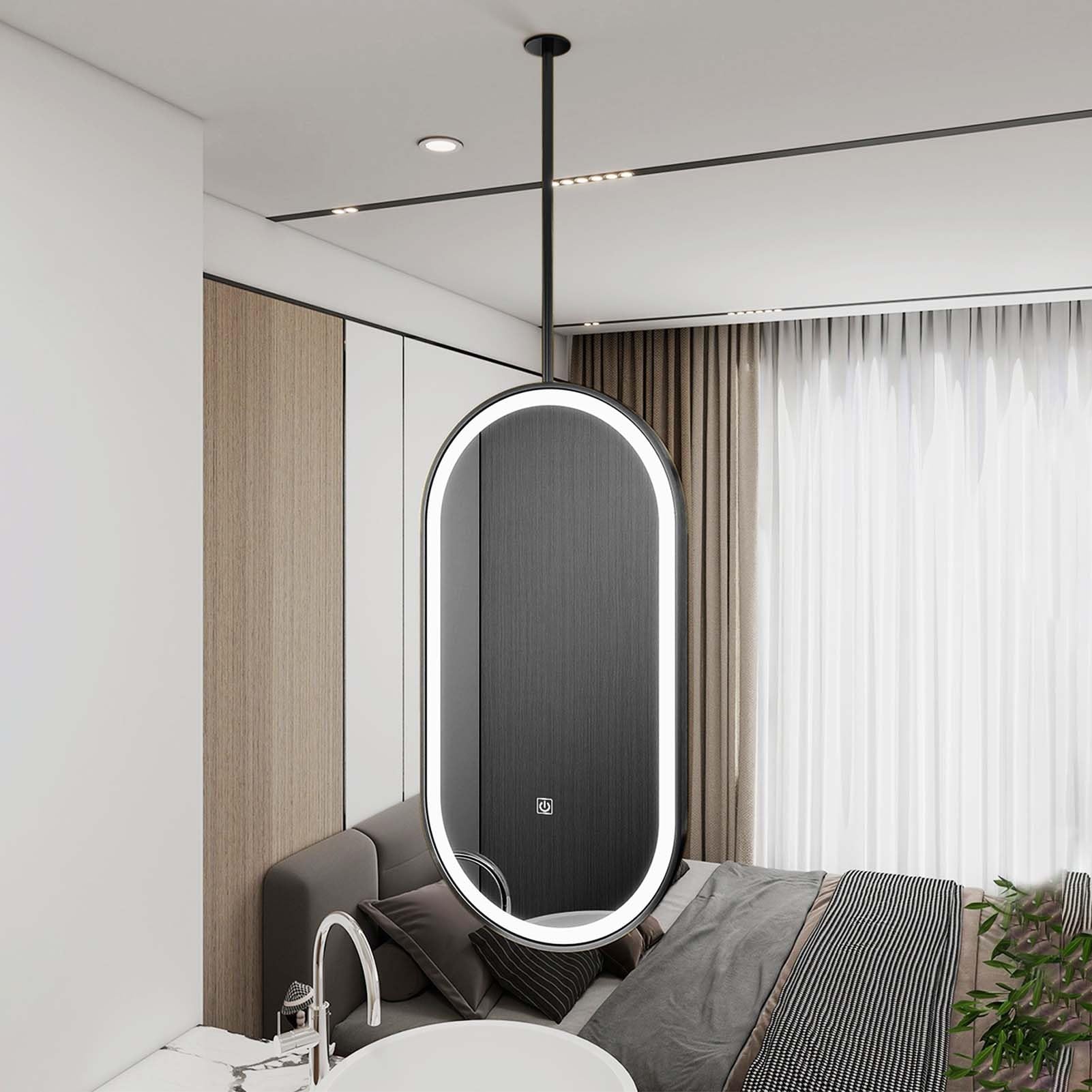 Pływające wiszące wiszące lustro sufitowe z oświetleniem LED, praktyczne lustro z metalową ramą do łazienki, makijażu i golenia, idealne do domu lub hotelu (50 cm x 60 cm