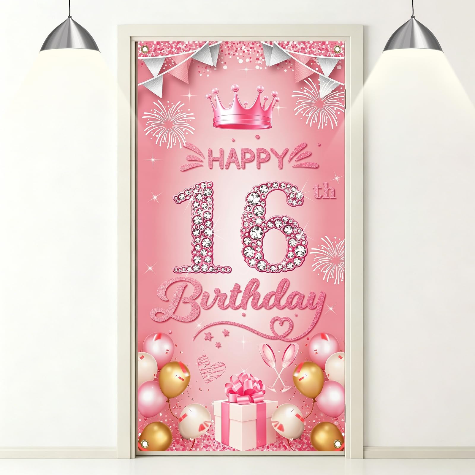 Birthday Door Banner, Pink Gold Birthday Door Porch Decoration, Birthday Party Background Decorations Sign Poster Photo Background Large Size (180 x 90 cm) (Pink-16th)