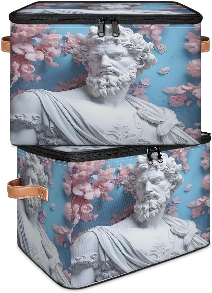Storage Bin Set of 2 Art Man Statue Storage Basket with Zipper Lid & Handle Foldable Closet Shelf 2 Pack Cloth Organizer Basket Cube Bins Clothes Organizer for Nursery, Bedroom