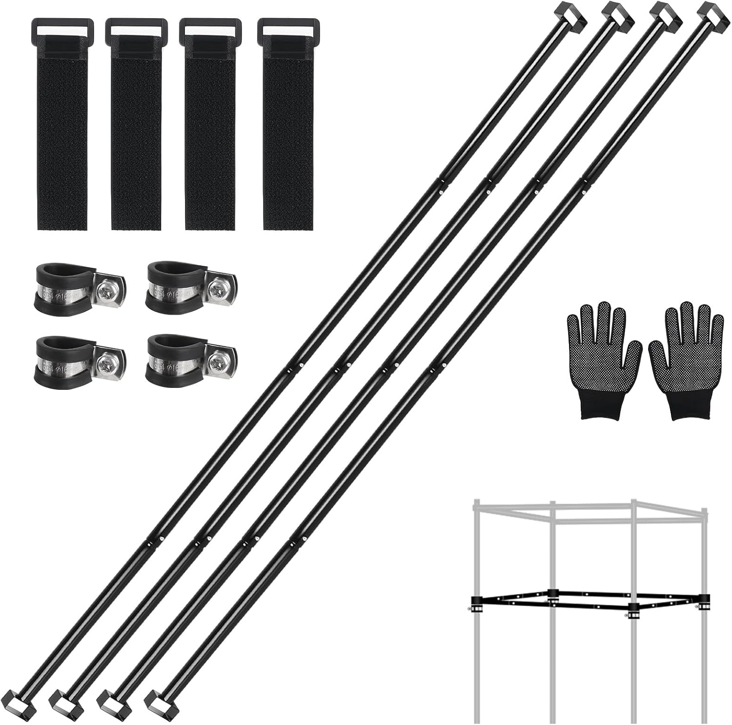 Heavy-Duty Grow Tent Mounting Bars, Durable Side Support Pole with Non-Slip Hook and Loop Straps for Indoor Grow Tents to Prevent Wall Suction (4 * 4’)