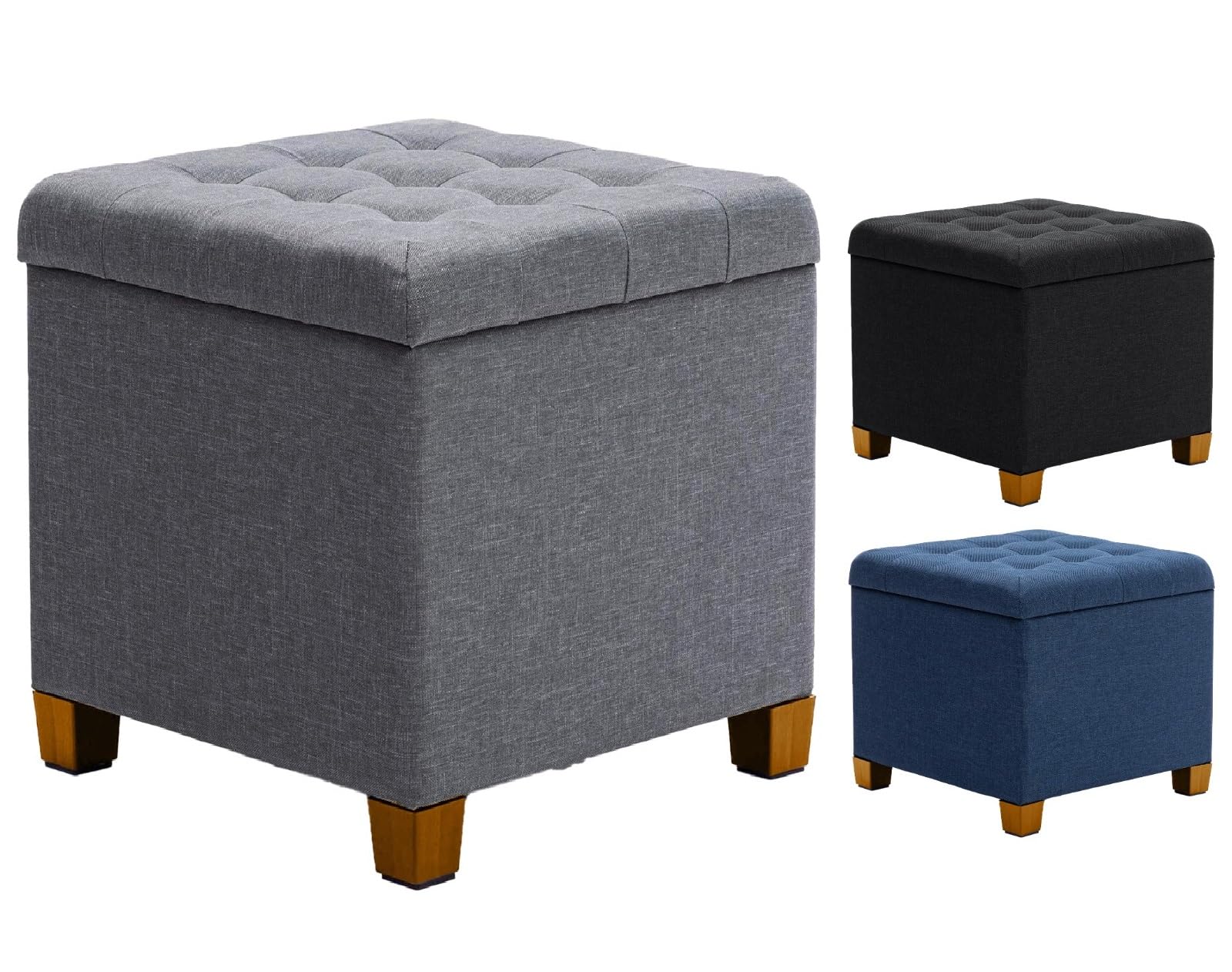 A406 Square Ottoman Storage Padded Stool Foot stool Linen Fabric Stoage Box With Lid Storage Bench Pouffe Seat Stool (Grey)