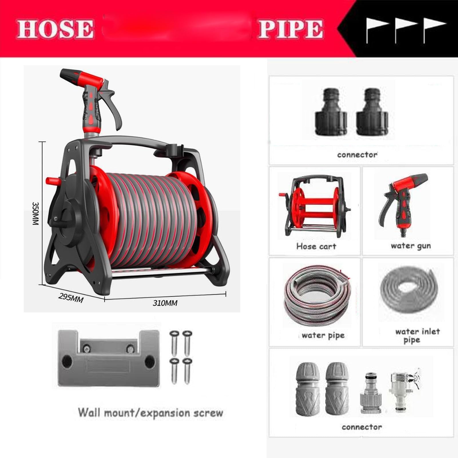 Camión portamangueras, Carrete para Manguera de Limpieza de Mascotas, Soporte portátil para mangueras de Exterior, Herramienta de riego de Pared para Patio (Rojo, 10 m)