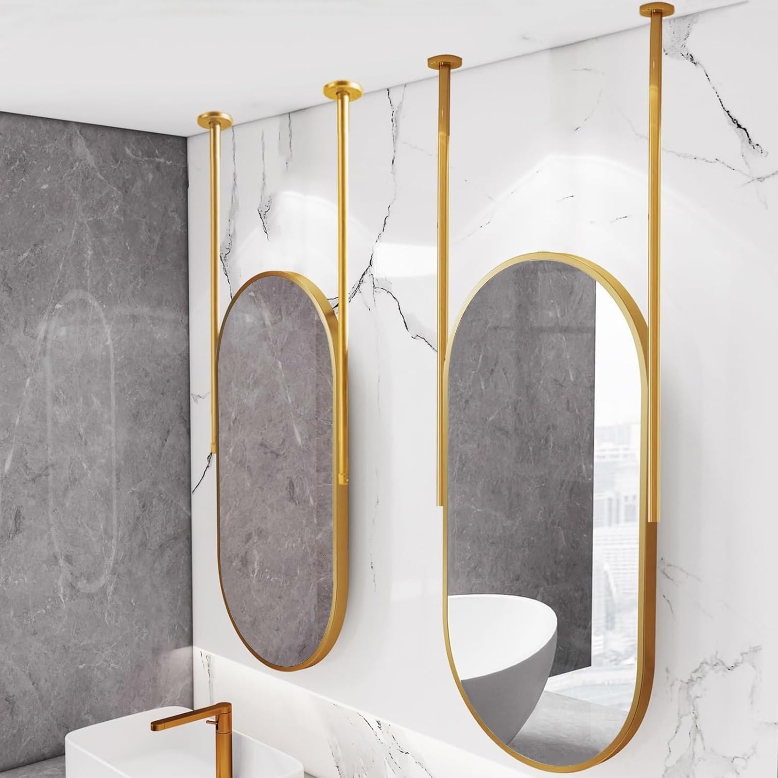 GLJTUO Gold Ceiling Mounted Mirror, Oval Wall Metal Frame Makeup Shaving s, Vanity Mirror for Bedroom Entryway,size_name-50x60cm