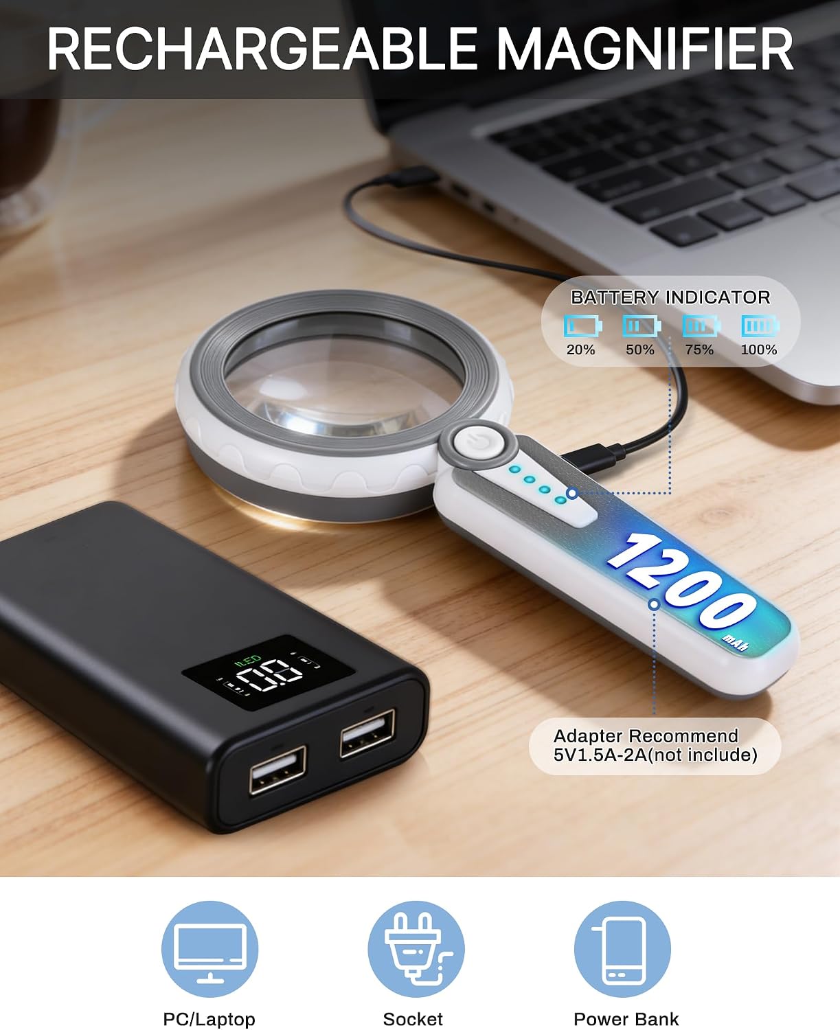 45X Magnifying Glass with Light, 4.6" Rechargeable Handheld Magnifier | 1200mAh Battery • 6 Light Modes • Dual Acrylic Lenses • Adjustable Brightness • 12 LEDs • for Seniors Reading Close Work