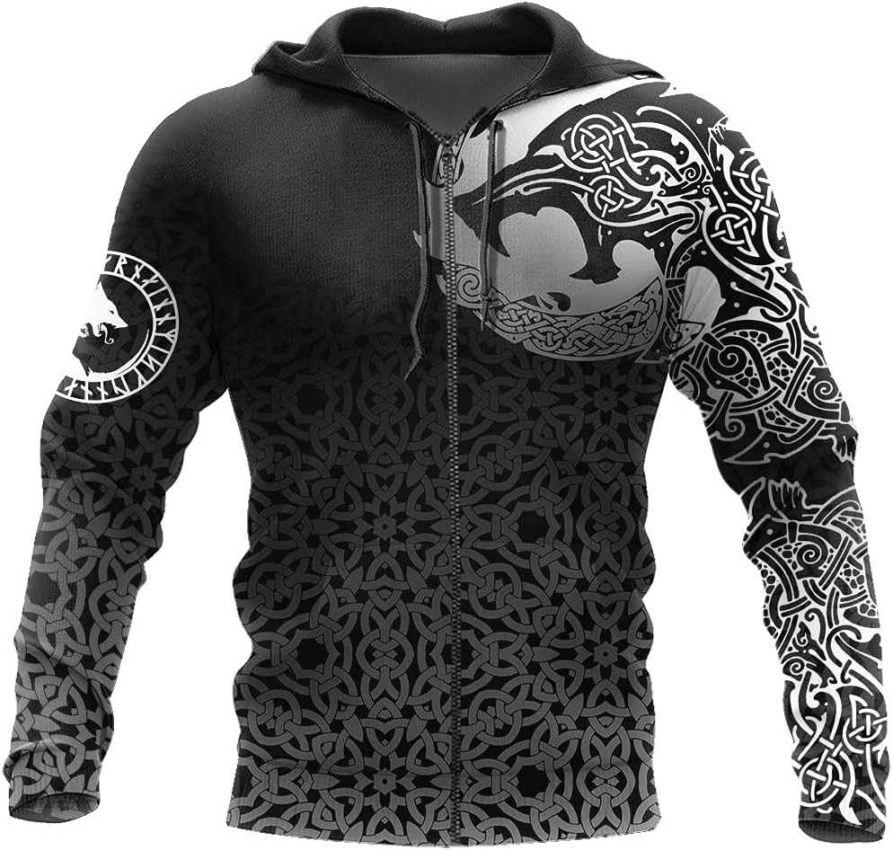 Norse Sweatshirt Zip Hoodie,Fenrir Wolf Odin Viking Tattoo 3D Print Pullover,Celtic Pagan Casual Couples Streetwear