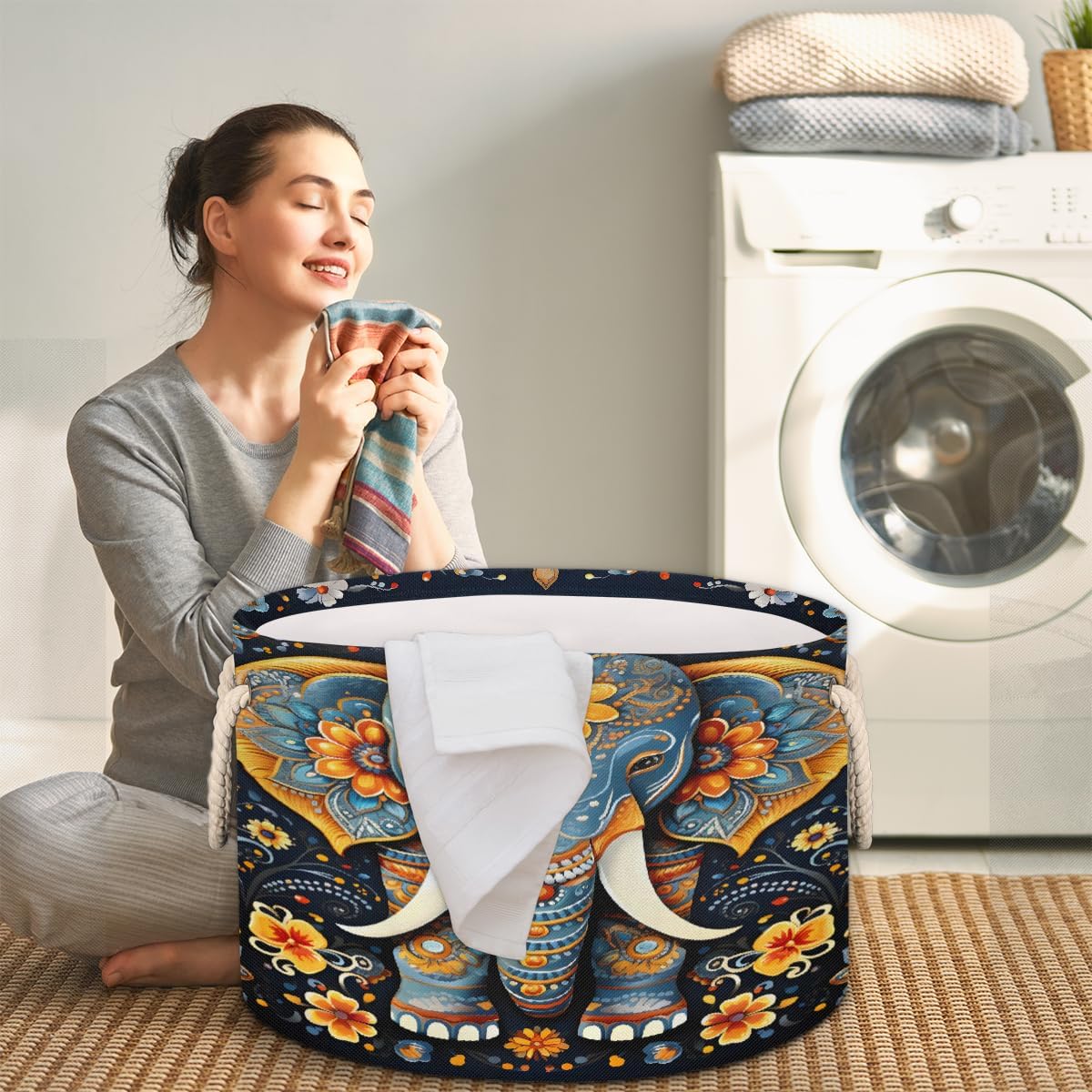 Large Round Laundry Basket Flower Animal Elephant Toy Bins Organizers and Storage for Girls Canvas Collapsible Blanket Storage Basket Laundry Hamper Gift Baskets Bedroom Clothes Children Nursery