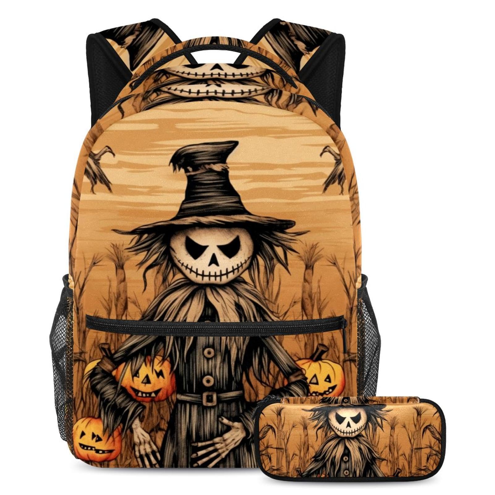 Plecak i piórnik na wróble na Halloween, idealny dla studentów, dzieci, chłopców i dziewcząt - trwały i wygodny bagaż i sprzęt podróżny, Wielokolorowy #04, B：29.4x20x40cm P：19x7.5x3.8cm, Plecaki na