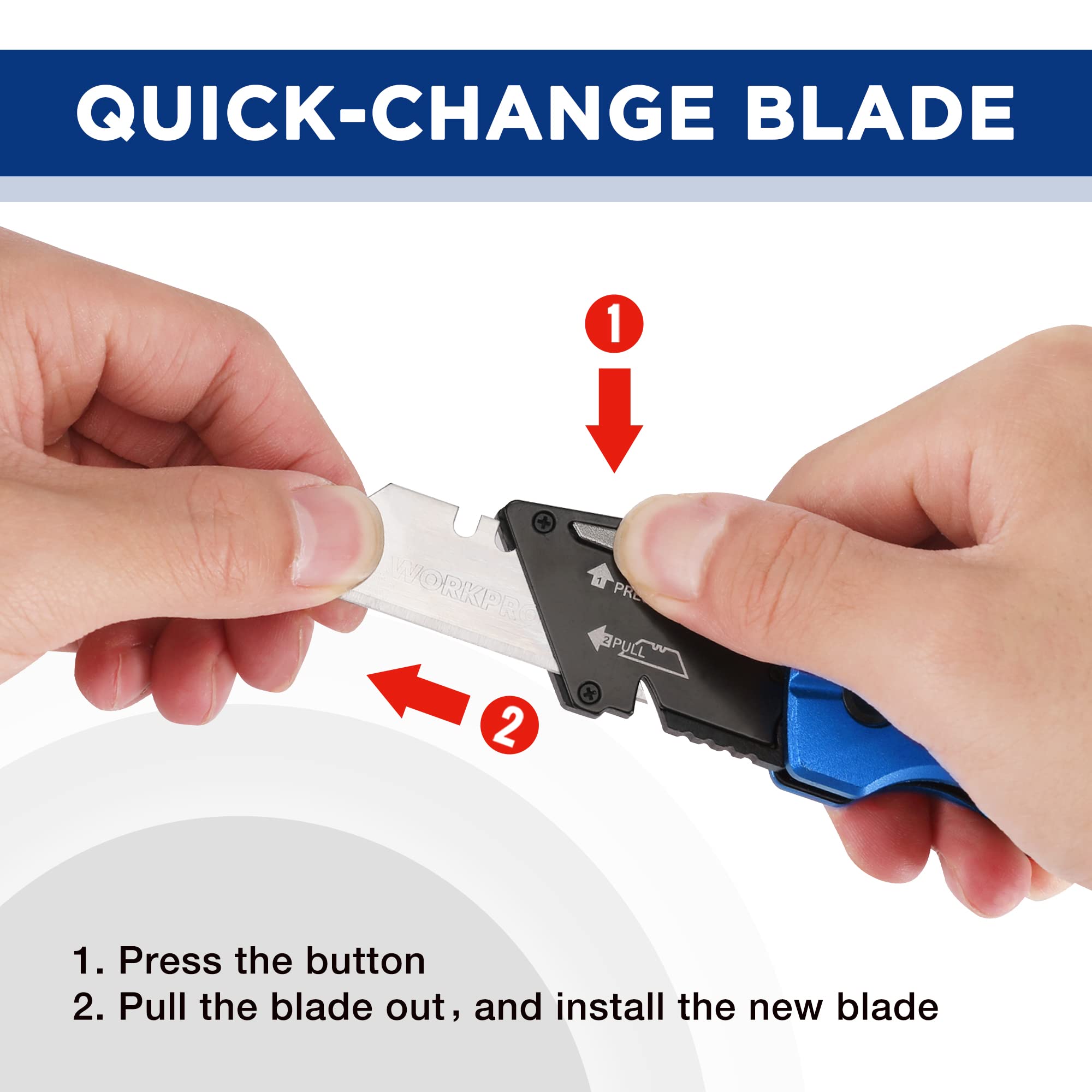 WORKPRO Cúter Plegable, Cortador de SK5, Cuchillo Utilitario con 10 Cuchillas Adicionales, Cutter con Cambio Rápido y Clip para Clip para Cinturón, Azul