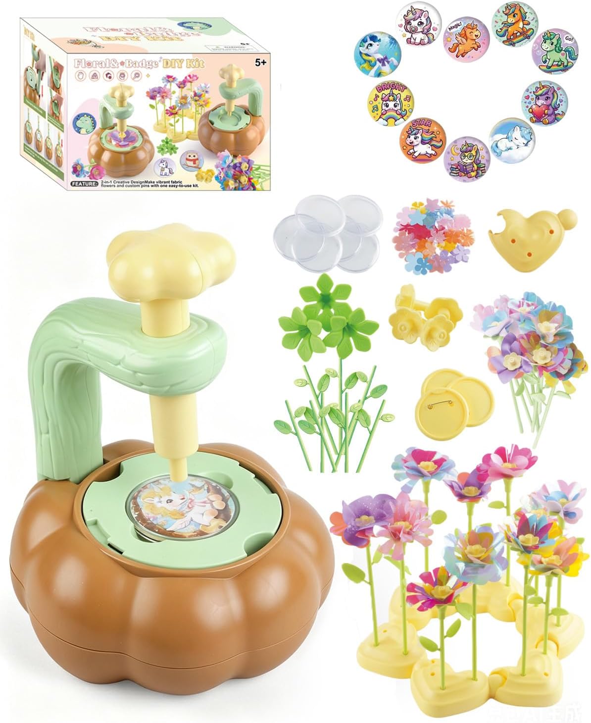 Rainbow World 2 in 1 Fabric Flower Press for Kids, DIY Flower Bouquet Kit with Button Maker, Embossing Tool STEM Toy, Screen-Free Activity for 4-8 Girls Boys