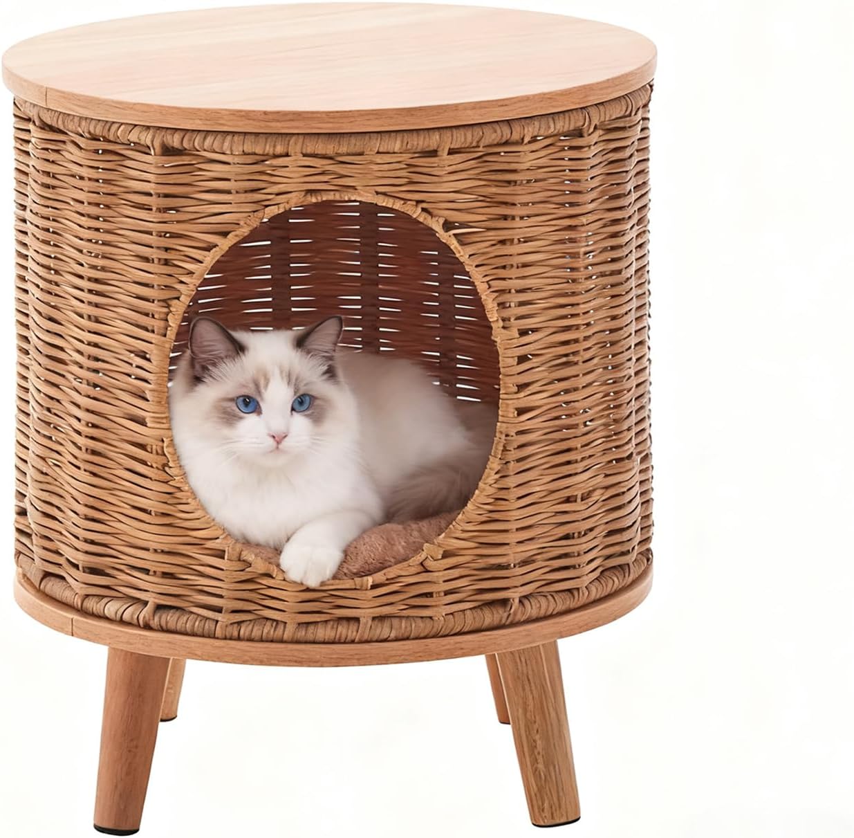 Rattan Cat House End Table, 2-in-1 Cat Bed Side Table, Stylish Pet Furniture for Indoor Cats in Living Room and Bedroom Brown