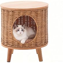 Rattan Cat House End Table, 2-in-1 Cat Bed Side Table, Stylish Pet Furniture for Indoor Cats in Living Room and Bedroom Brown