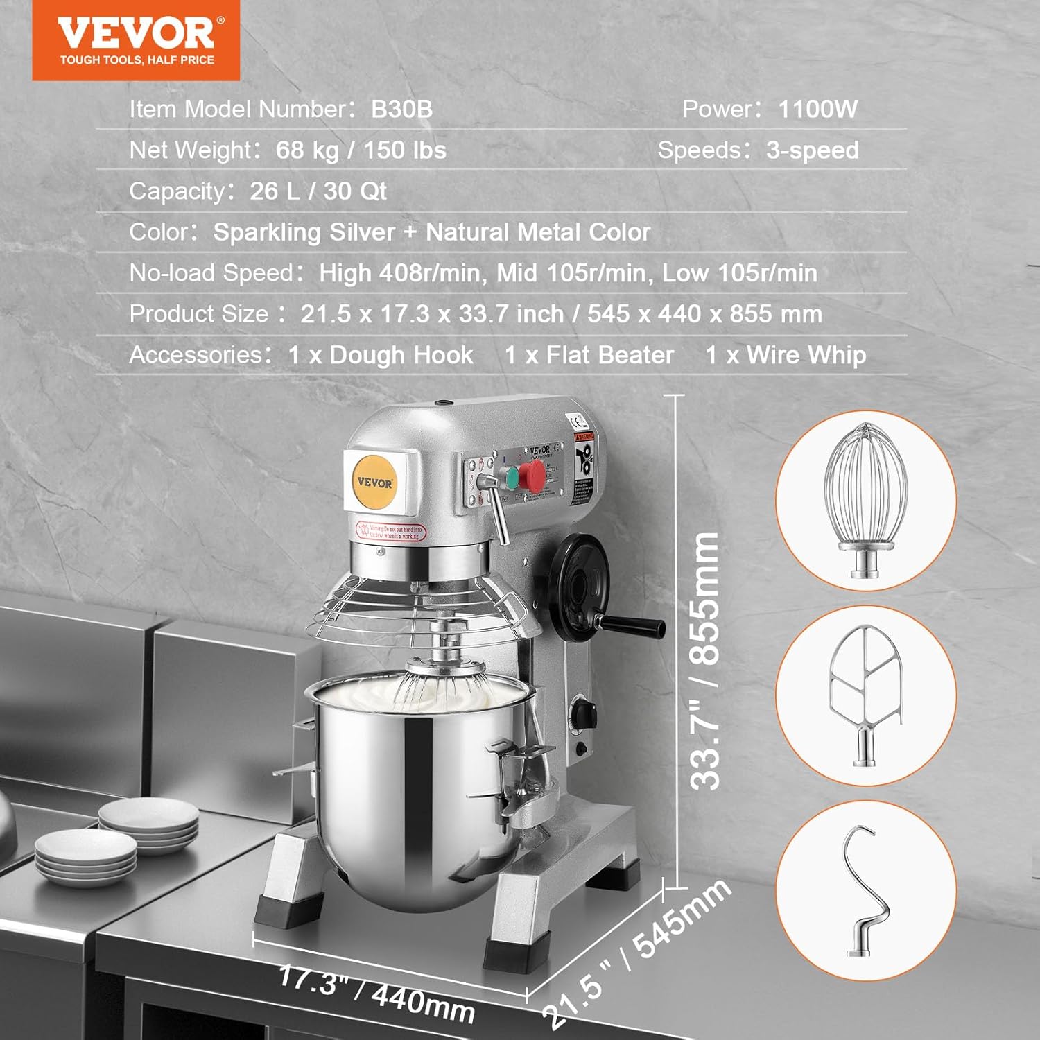 VEVOR Commercial Mixer 30Qt, Commercial Food Mixer Stainless Steel Bowl, 1100W Commercial Stand Mixer with 3 Speeds Adjustable, Dough Hook Whisk Beater Included, Perfect for Bakery Pizzeria, Silver