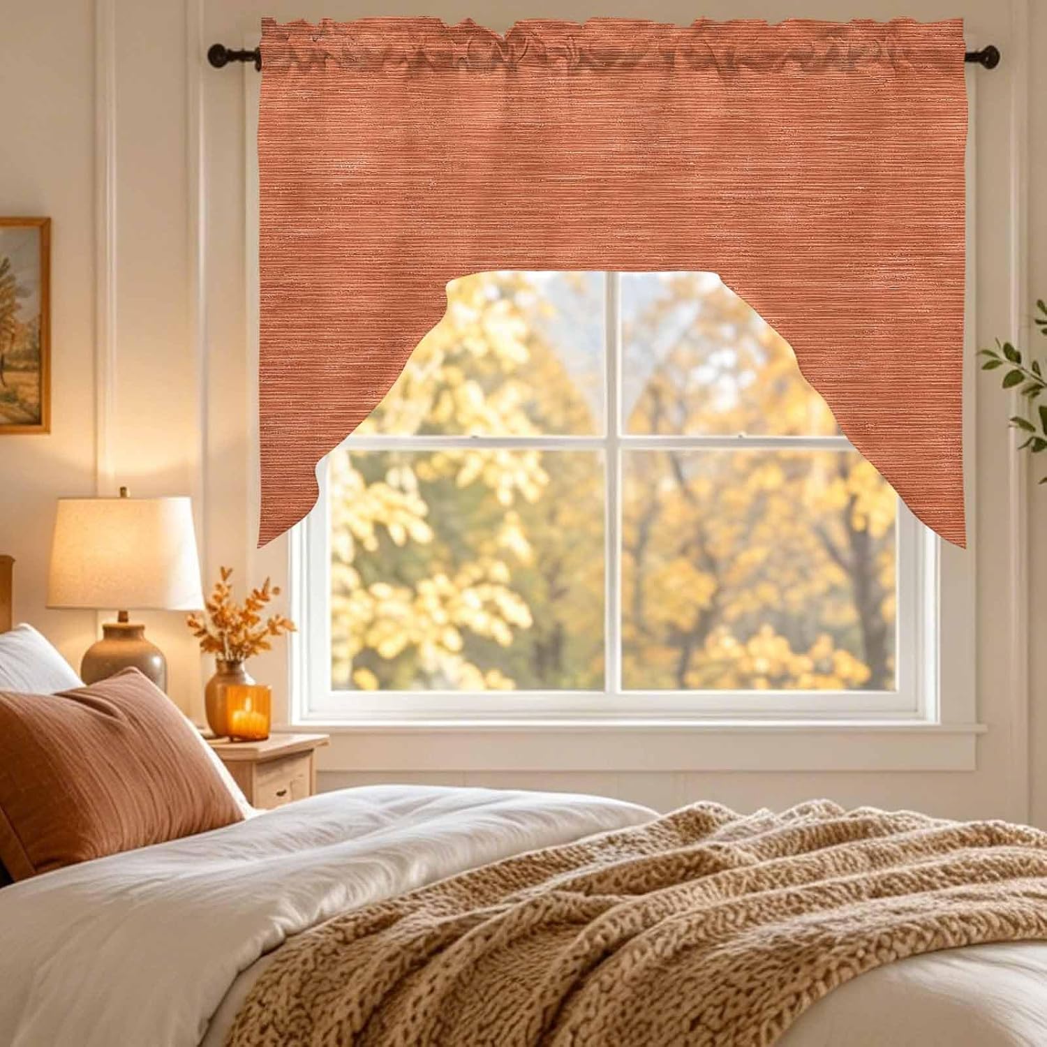 Swag and Valance for Kitchen Windows, Terracotta Orange Solid Color Swag Valances Curtain Panel with Rod Pocket, Minimalist Vintage Linen Texture Window Treatments Curtains Valance, 56 x 36 In