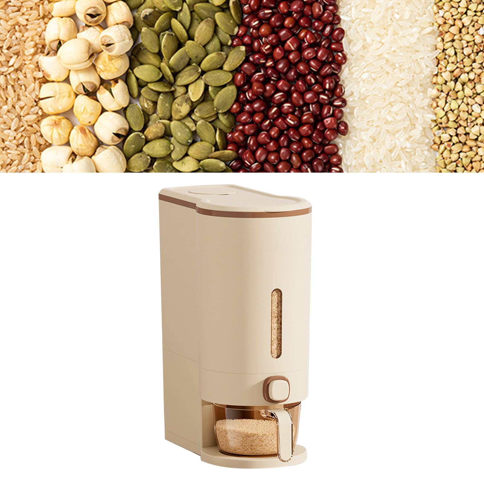 Socobeta Contenitore Multifunzionale per la Conservazione del Riso con Misurino e Design di Chiusura per 10 Kg di Riso, Noci e Fagioli, Ideale per L'uso in Cucina Domestica (Marrone)