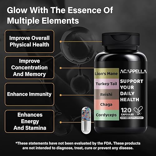 Miniatura 3 de ACAPPELLA Cápsulas de suplemento de melena de leones, cápsulas complejas de hongos 5 en 1 con extractos de hongos de cola de pavo Cordyceps Sinensis