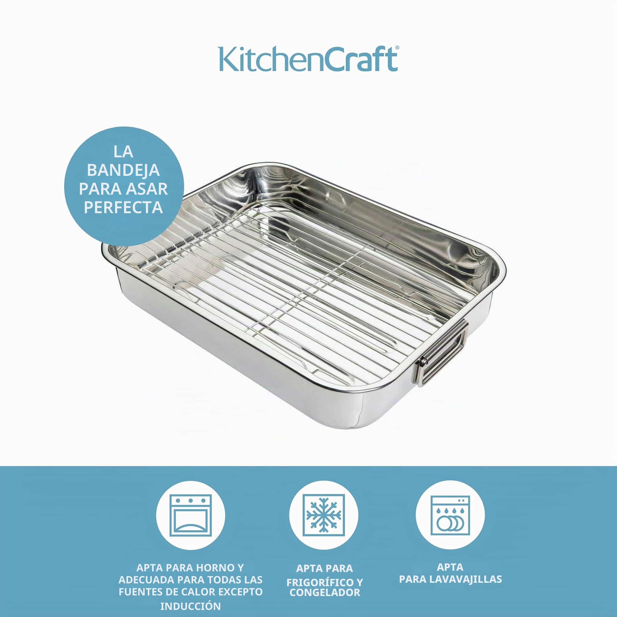 Kitchen Craft - Fuente de Horno Rectangular con Rejilla (Acero Inoxidable), Color Plateado